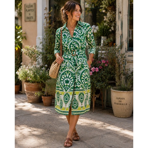 figueroa & flower Dresses & Skirts - Anthropologie Figueroa & Flower Green White Belted Shirt Dress Large